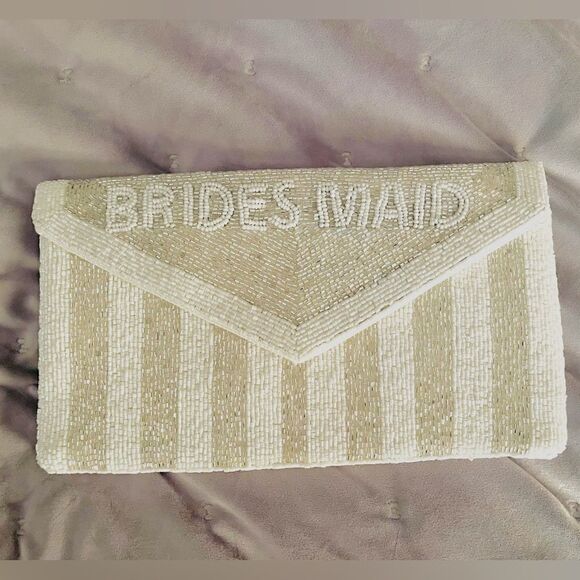 Red Dress Be My Bridesmaid White Silver Beaded Clutch Chain Crossbody OS NEW - Picture 6 of 12